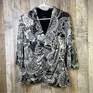 Alfani Large Black & White Print Top V-Neck Ruched Front 3/4 Sleeves